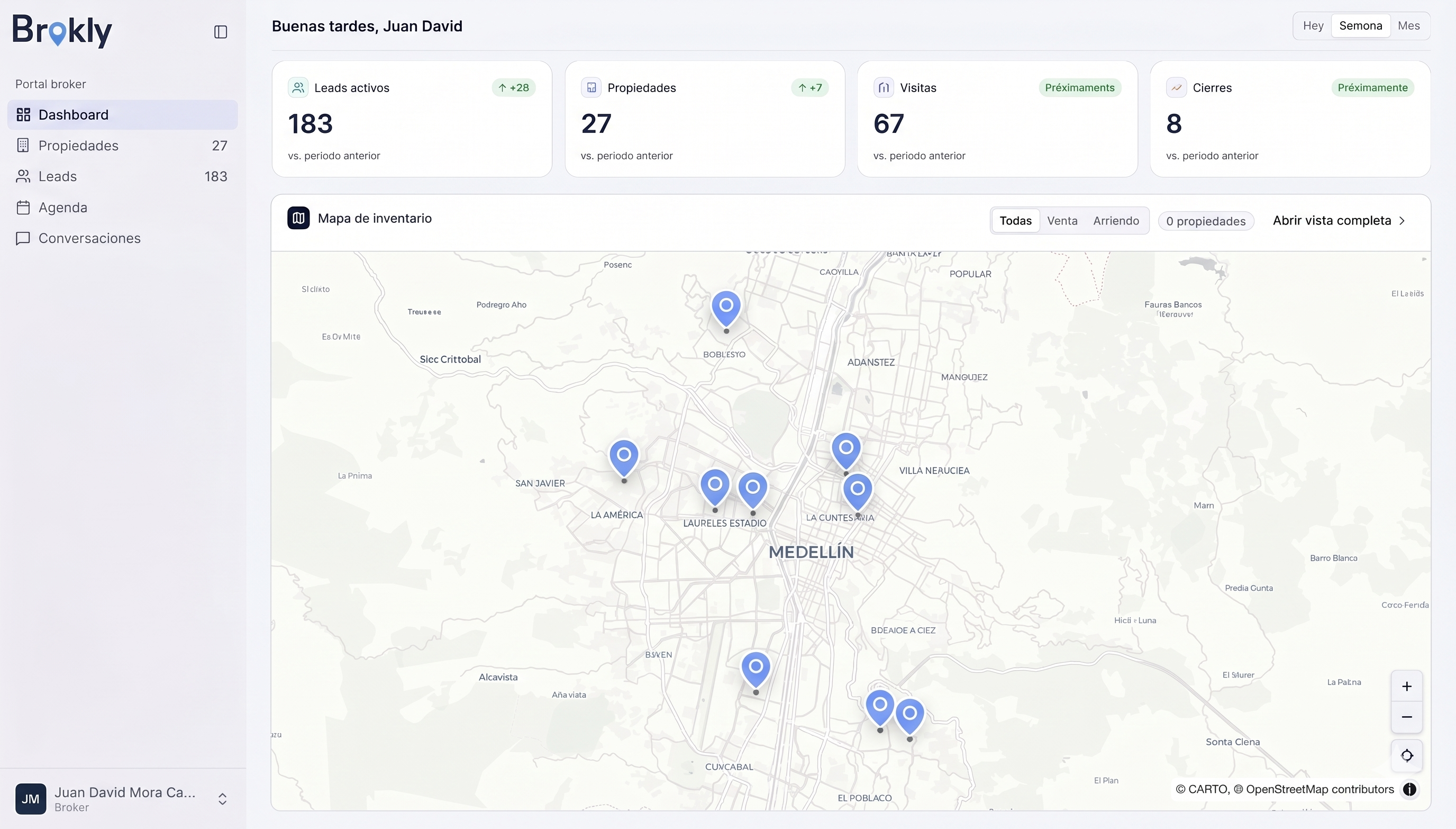 Dashboard de Brokly — leads activos, propiedades y mapa de inventario